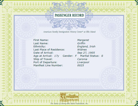 Ellis Island record for Margaret Griffin